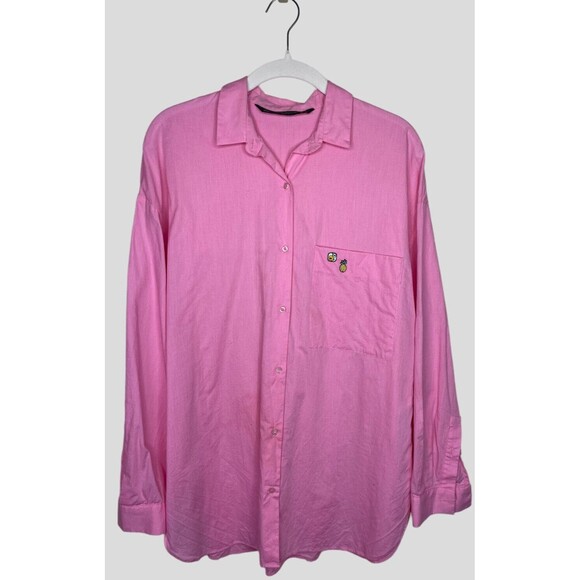Zara Trafaluc Collection Button Up Top Size M Pink Cotton Charm Pins Long Sleeve - Picture 1 of 8